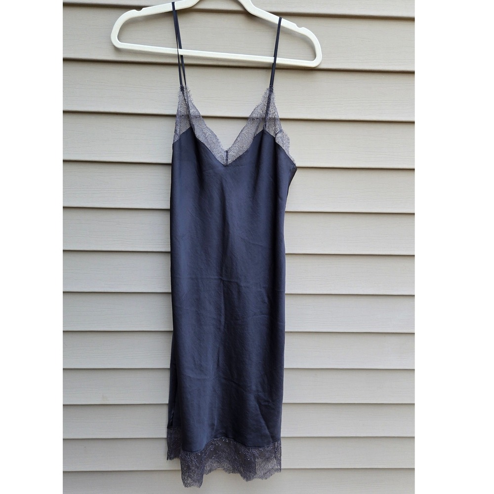 Victorias Secret Satin Lace Trim Slip Dress Charcoal Gray Small